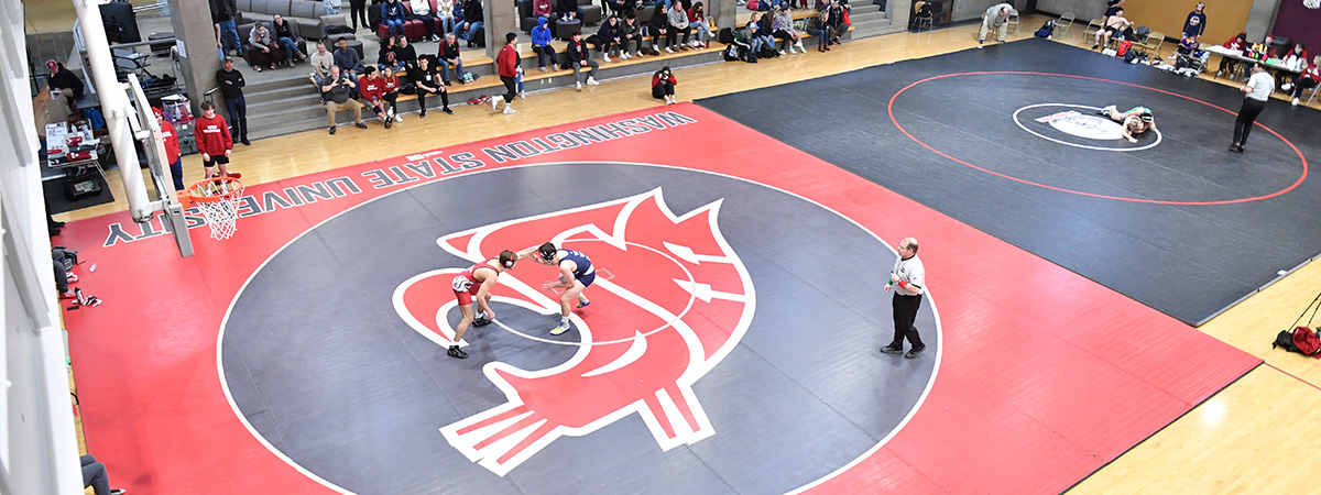 overhead view of two wrestlers on mat with WSU logo